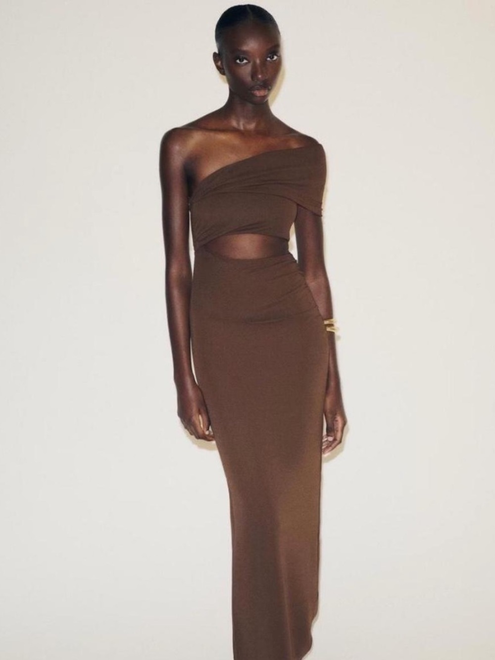 Zara Brown One-Shoulder Cutout Maxi Dress